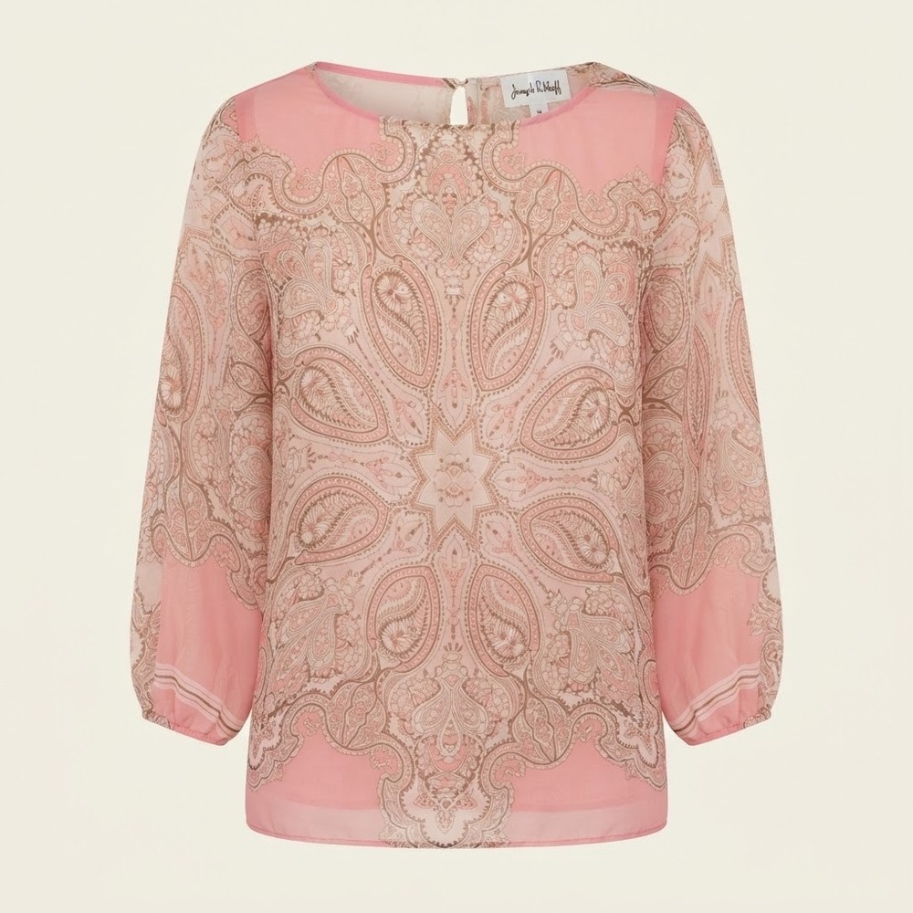 Joseph Ribkoff Sheer Pink Paisley Tunic Blouse Top 3/4 Sleeve Keyhole Size 12